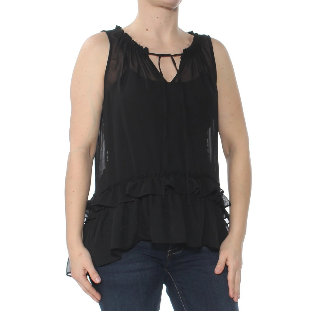 Bar III Ruffle Peplum Top Womens Medium Black Sheer Tie Neck Sleeveless